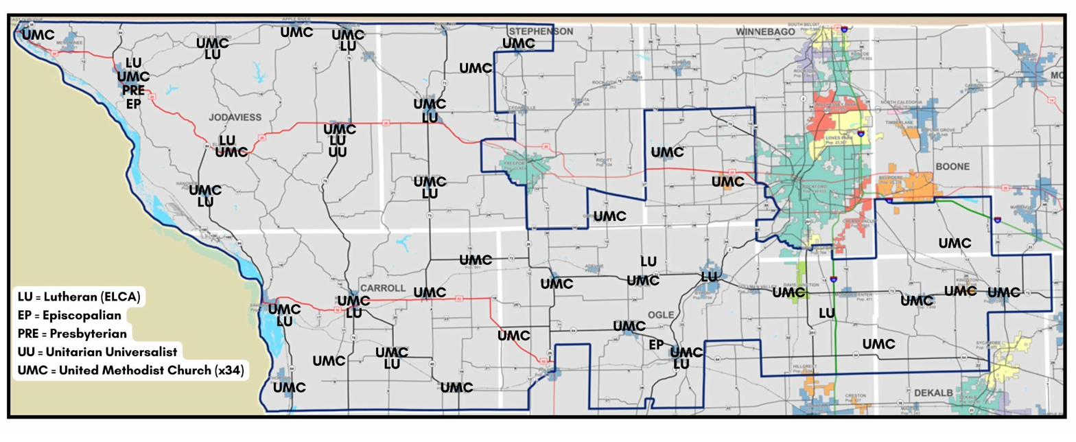 Map of churches across Illinois House District 89
